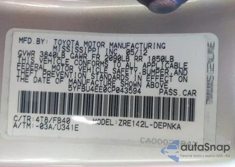 2012 Toyota Corolla Le from USA, damaged, VIN 5YFBU4EE0CP043594